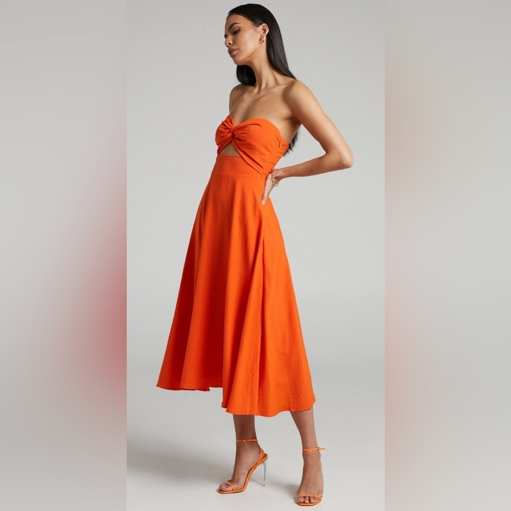 NWT - Showpo. Avie Midi Dress Twist Strapless Cocktail Dress in Orange - Size 2 - Picture 3 of 5